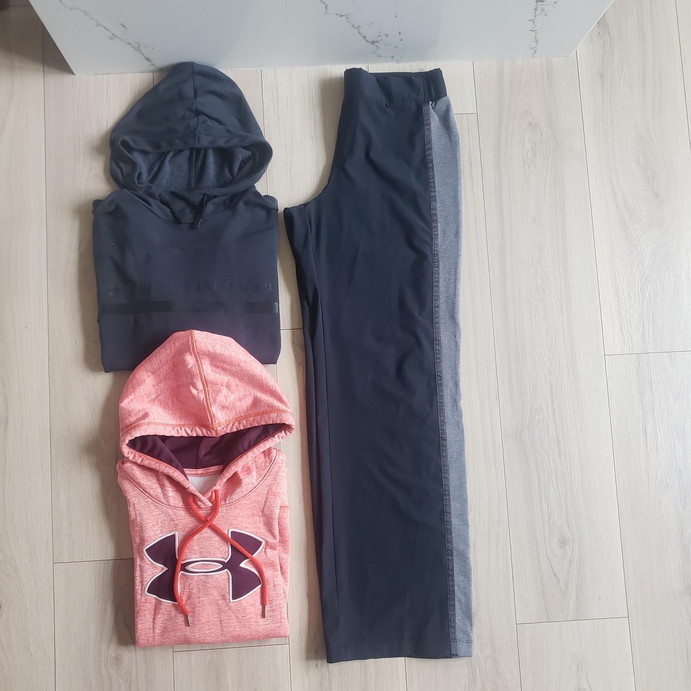 Under‎ Armour Sweatsuit Set Womens M Black Pink Hoodies Track Pants Fleece Logo